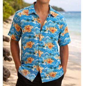 Cherokee Waikiki Wear Large Blue Rayon Hawaiian Shirt Tropical Coastal Dad 90s